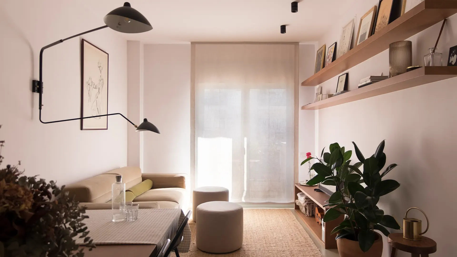 A living room with walls finished in microcement